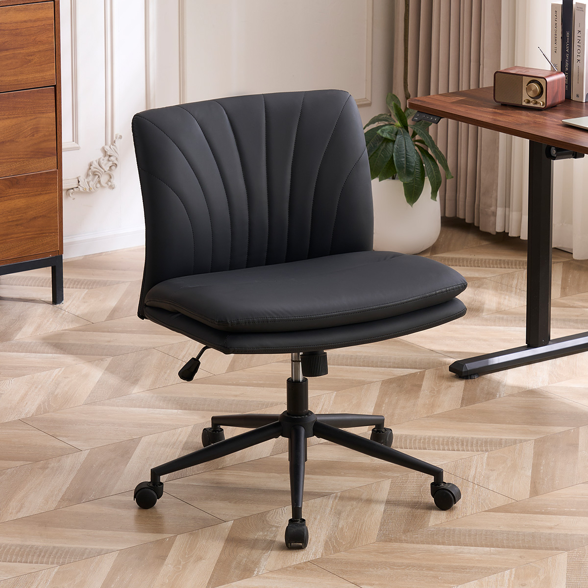 PU Leather Wheels Armless Upholstered Dressing Table Chair Computer Chair