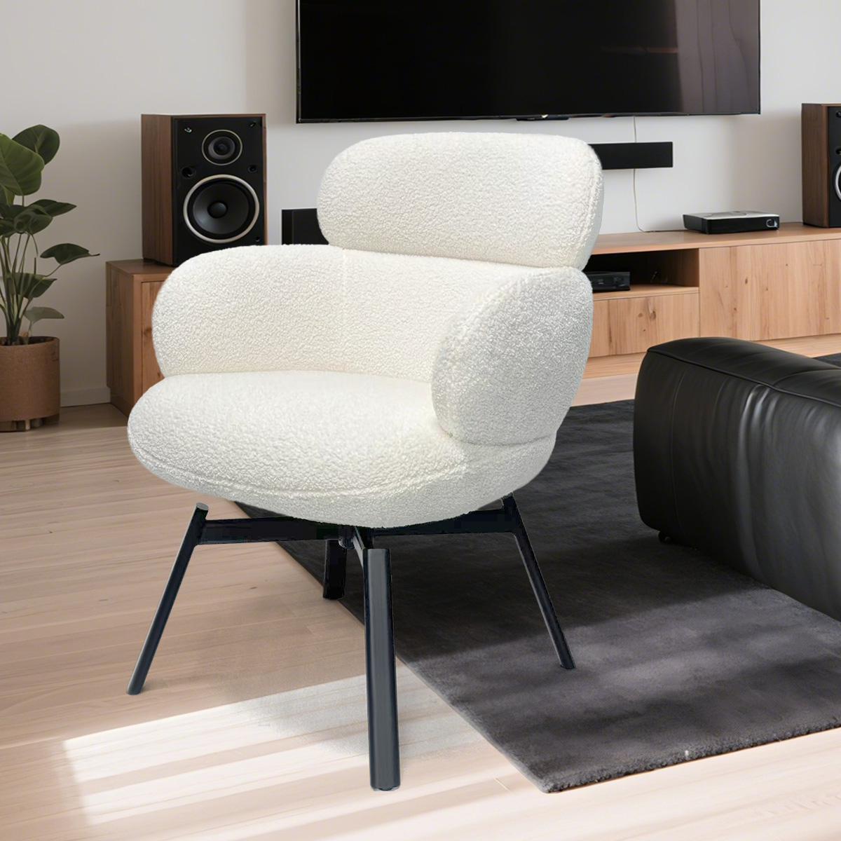 Modern White Bouclé/Teddy Fleece Fabric Swivel Lounge Chair With Extra-Wide Seat And Metal Legs