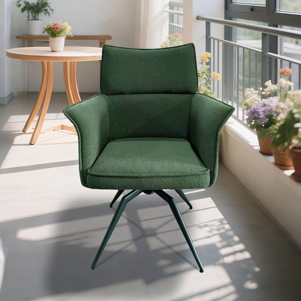 Modern Swivel Lounge Chair with Upholstered Arms and Metal Base