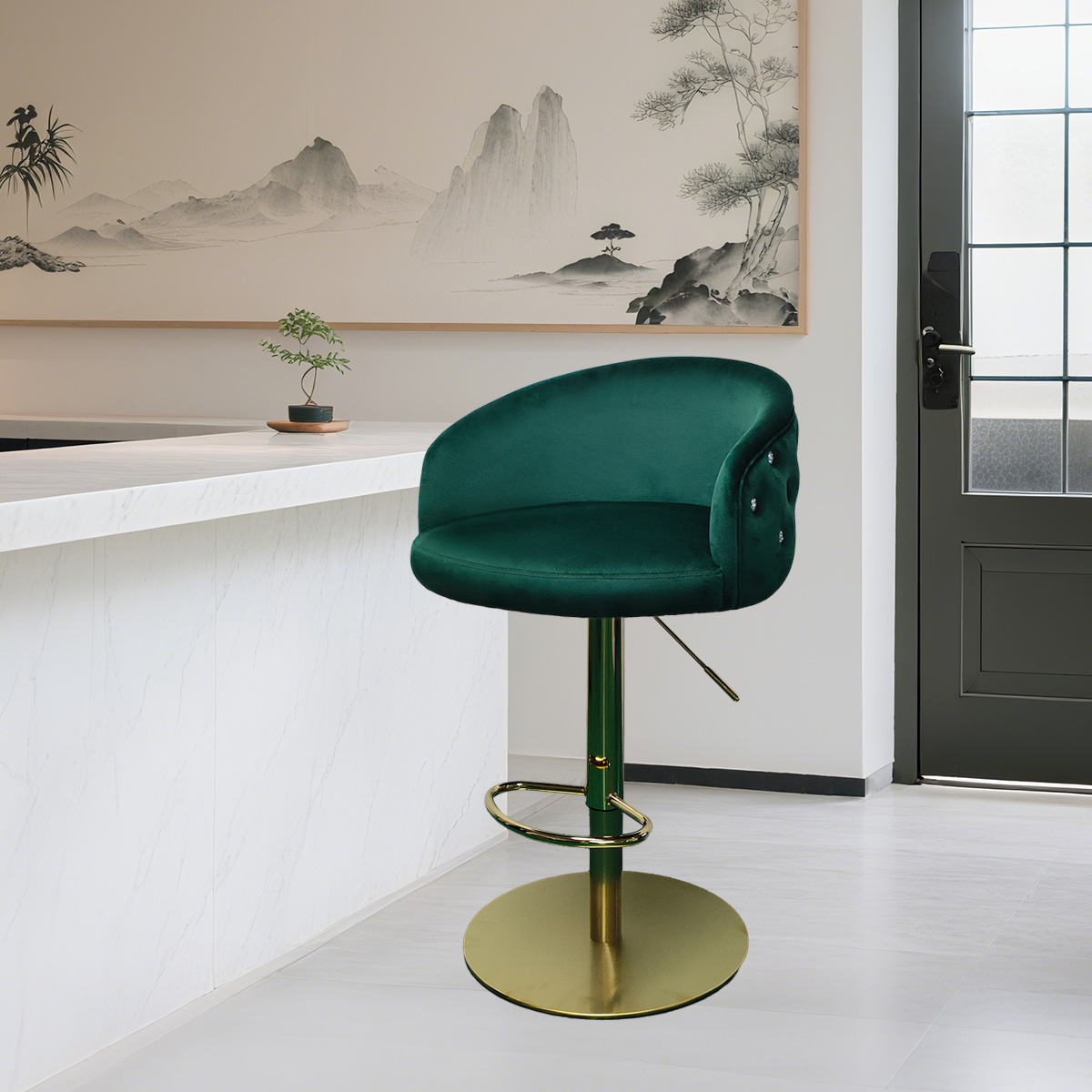 Modern Green Velvet Adjustable Bar Stool with Tufted Backrest and Gold Base