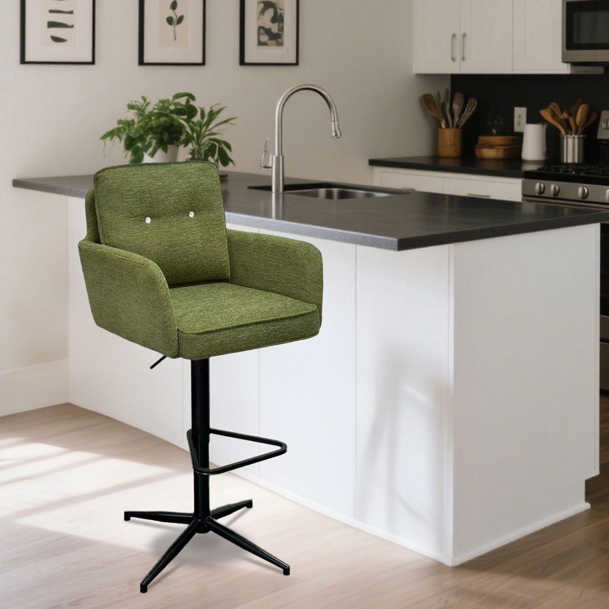 Modern Green Fabric Adjustable Swivel Bar Stool with Auto-Return and Metal Base