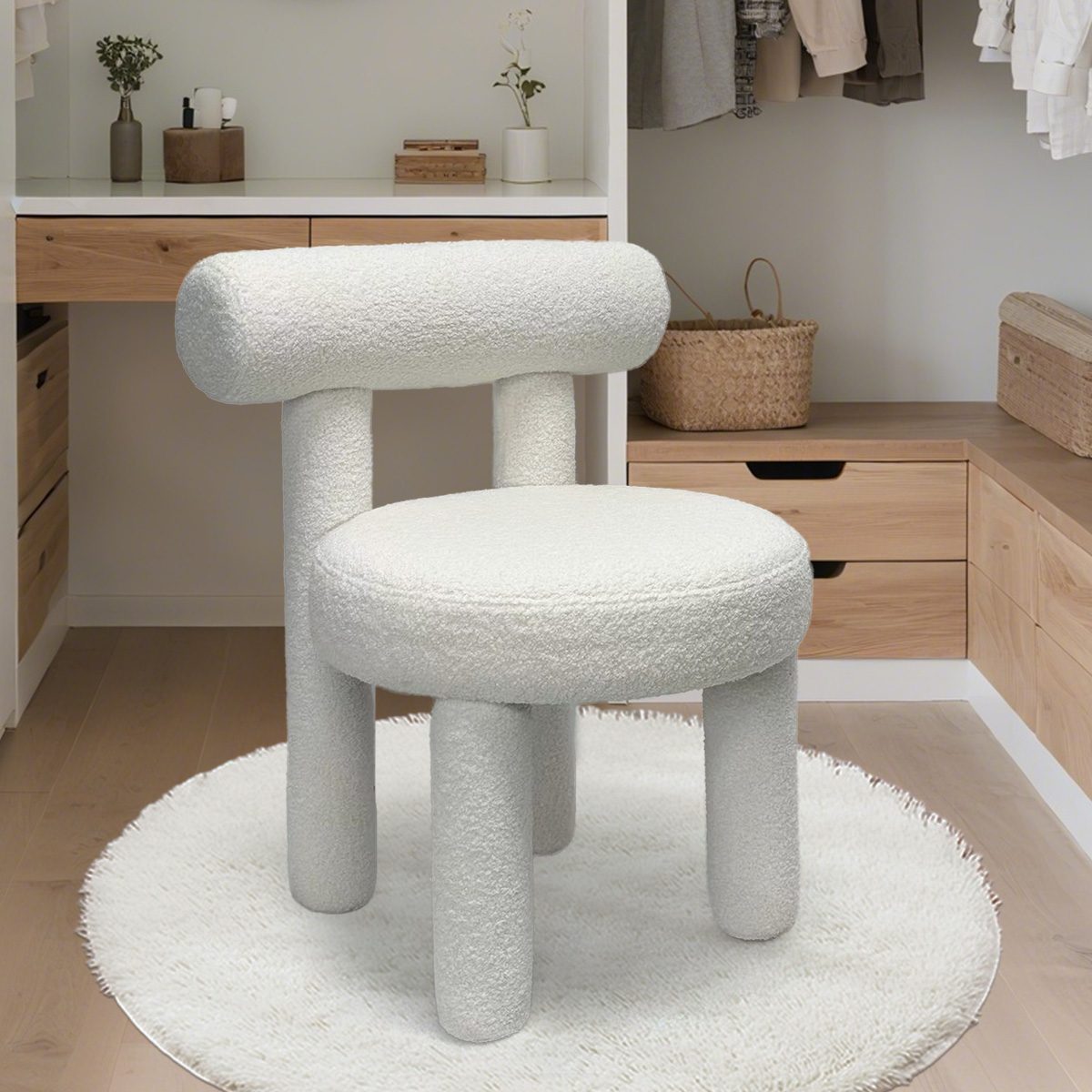 Cream Bouclé Upholstered Dining Chair | Round Back Side Chair | Modern Armless Leisure Chair