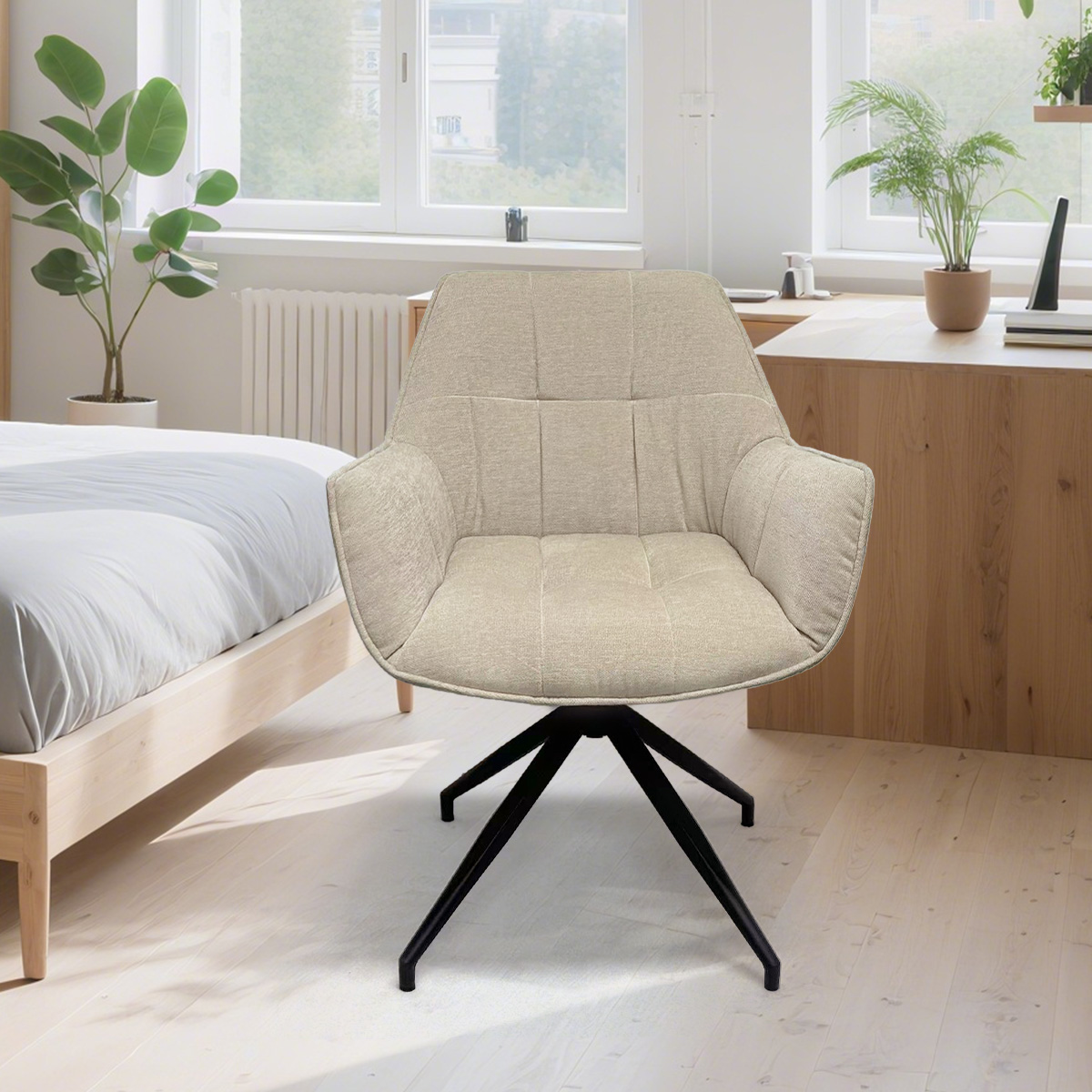 Modern Upholstered Swivel Armchair – Light Brown Fabric Dining Chair with Metal Legs