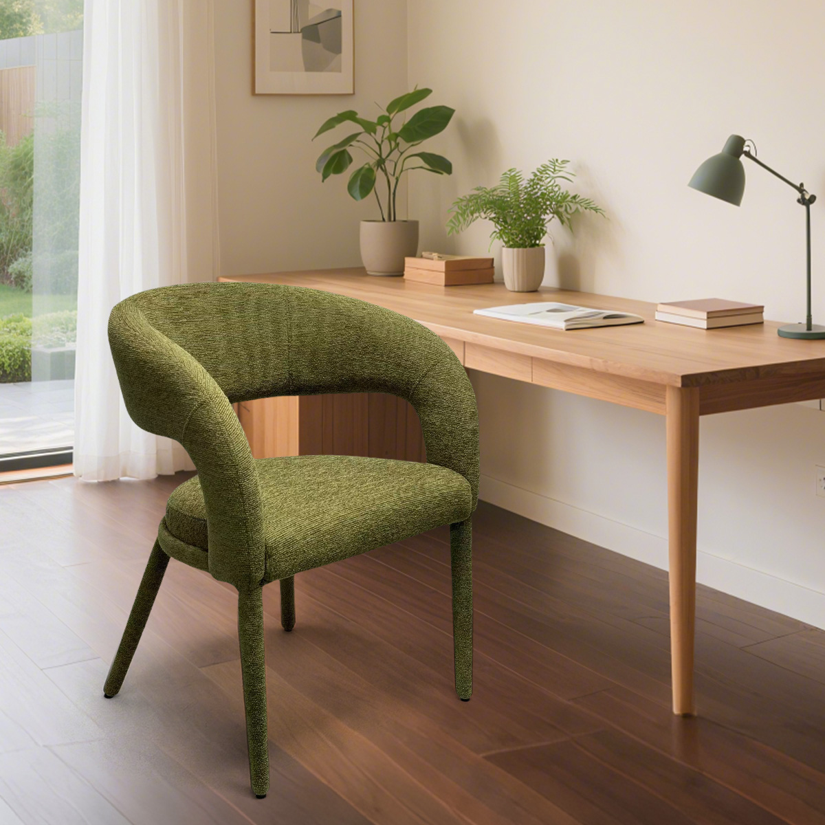 Bouclé Upholstered Dining Chair with Armrests – Forest Green Fabric Accent Chair
