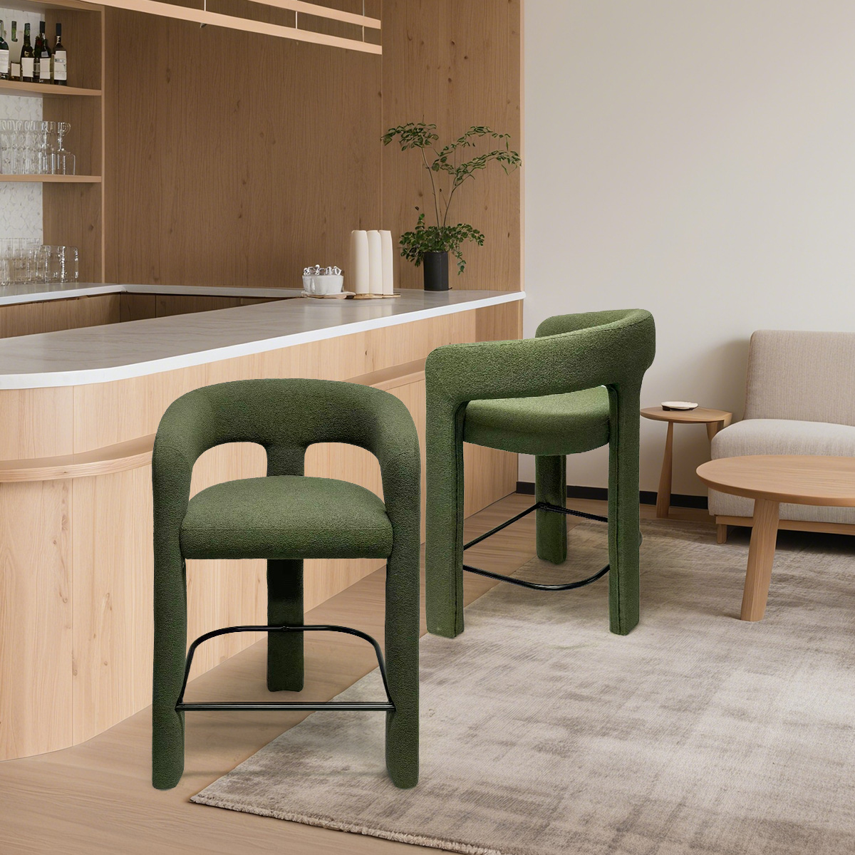 Modern Jacquard Fabric/ Sherpa Plush Upholstered Counter Stool with Footrest – Forest Green High Bar Chair