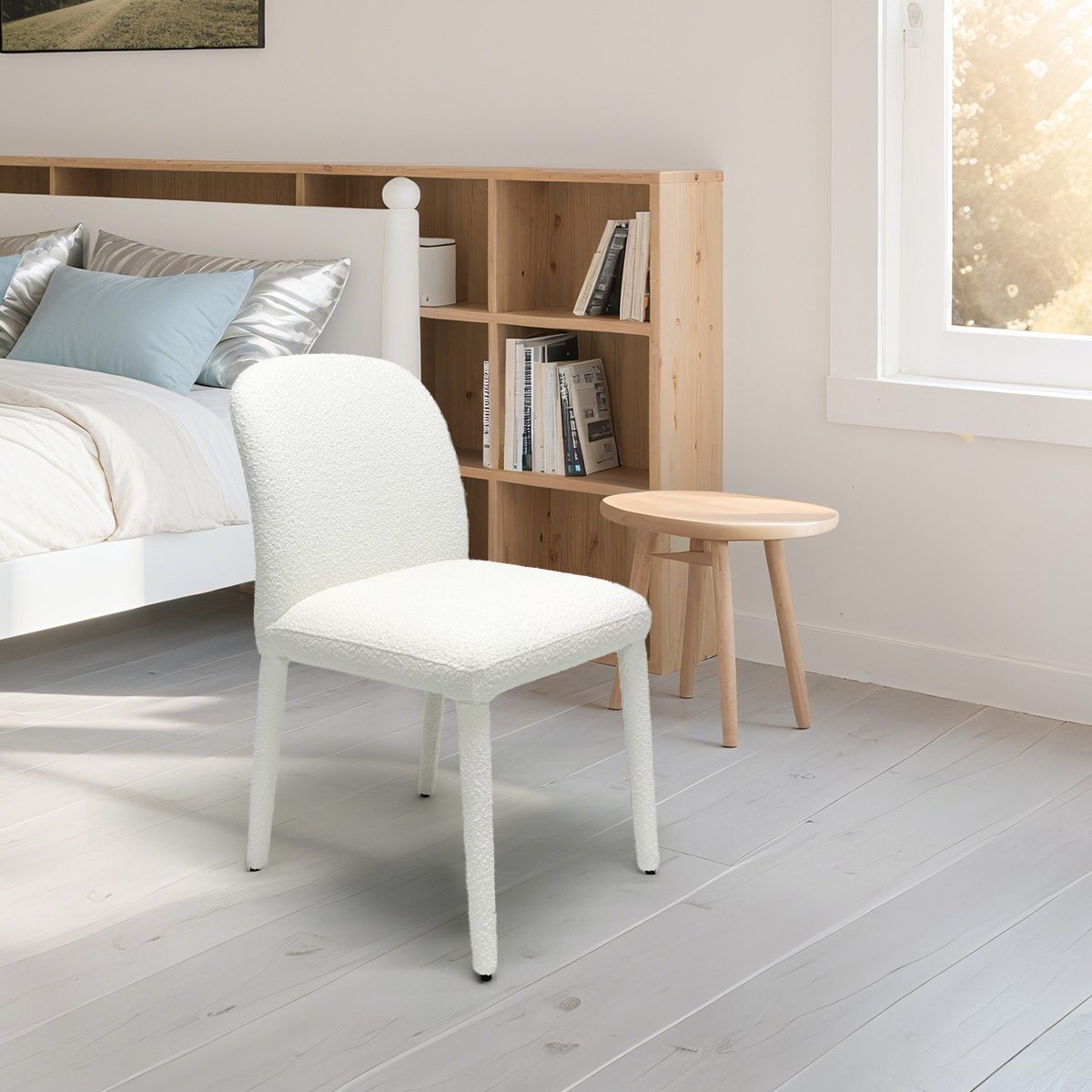 Ivory Bouclé Upholstered Armless Dining Chair – Birch Wood and Steel Frame