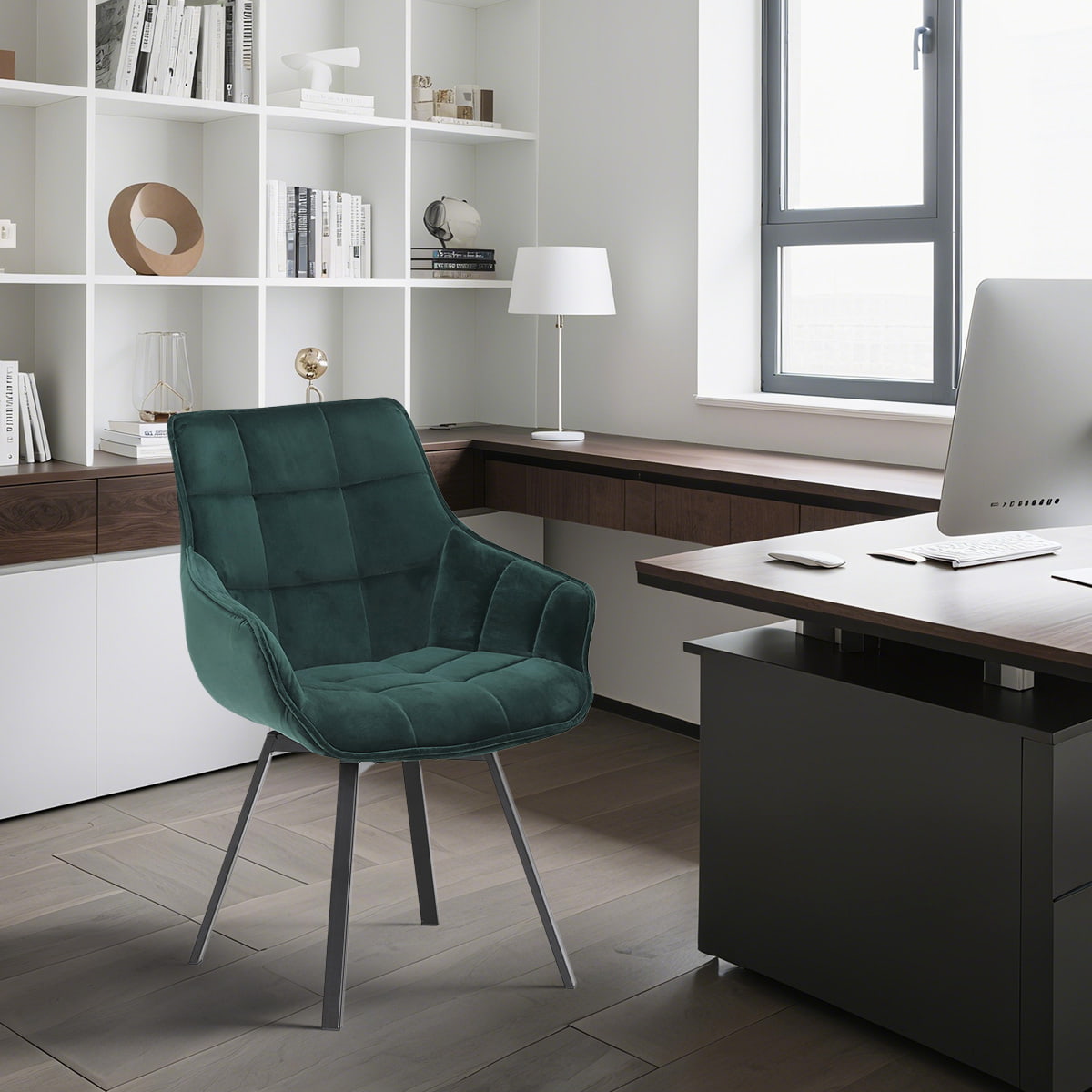 Green Velvet Swivel Dining Chair with Black Metal Legs – Cocoon Style Upholstery