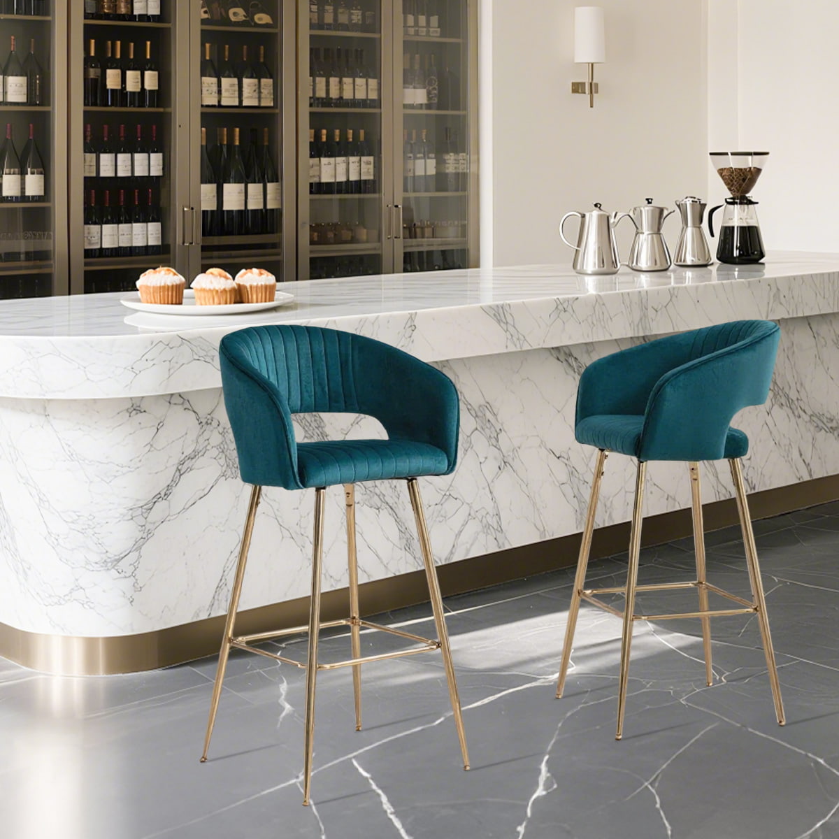 Modern Teal Velvet Bar Stools with Gold Legs and Footrest, Tufted Upholstered Counter Chairs