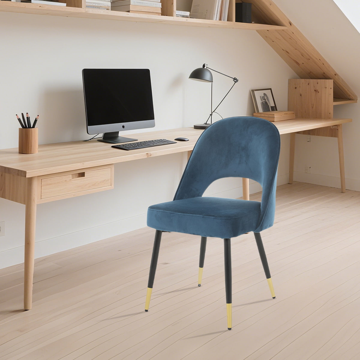 Modern Blue Velvet Dining Chair with Hollow Back and Gold-Tipped Metal Legs – Armless Upholstered Accent Chair for Dining Room, Office, or Vanity