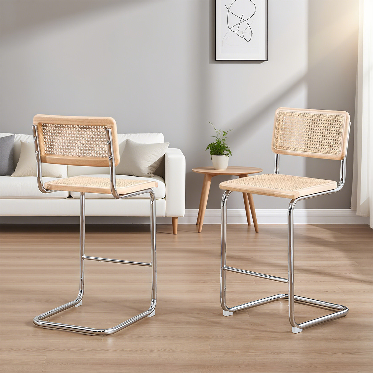 Mid-Century Modern Rattan Cantilever Counter Stool – Natural Cane Back & Seat with Chrome Metal Frame