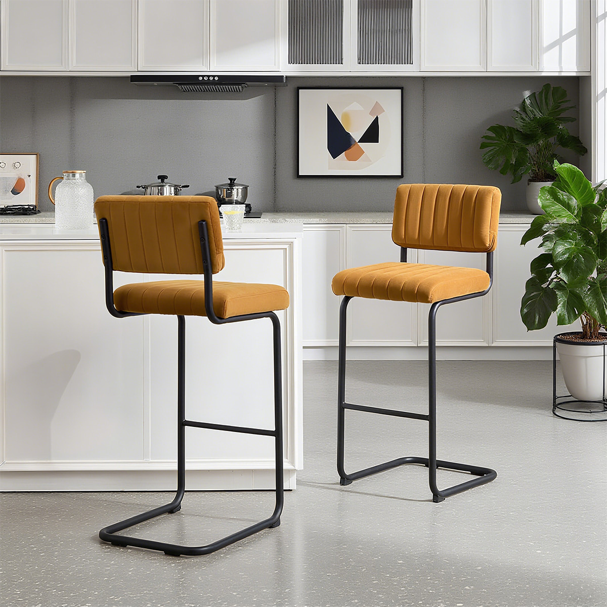 Mid-Century Modern Velvet Cantilever Bar Stool – Tufted Upholstered Seat with Backrest & Matte Black Metal Frame