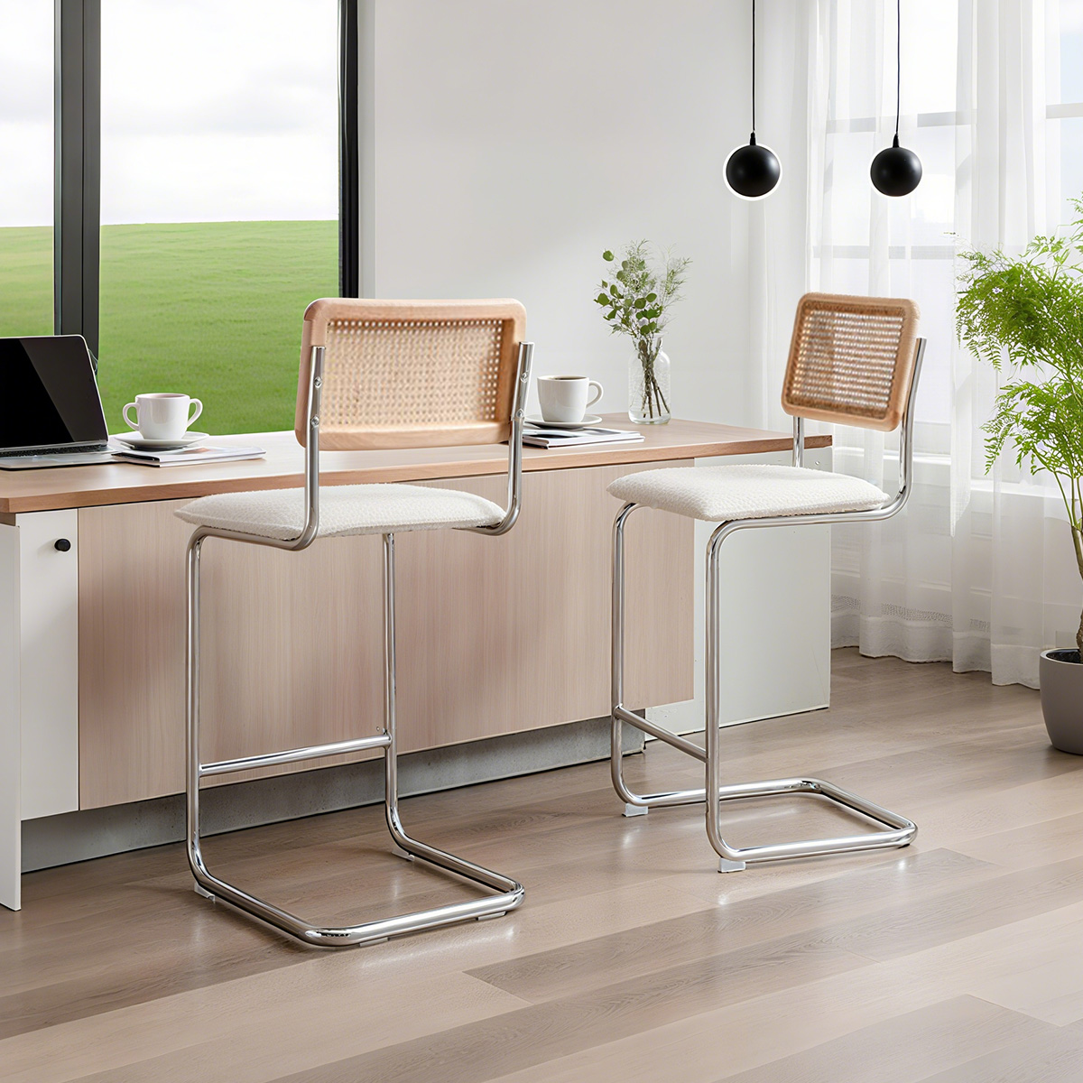 Rattan Back Boucle Bar Stool with Chrome Cantilever Base – Mid-Century Modern Counter Height Chair