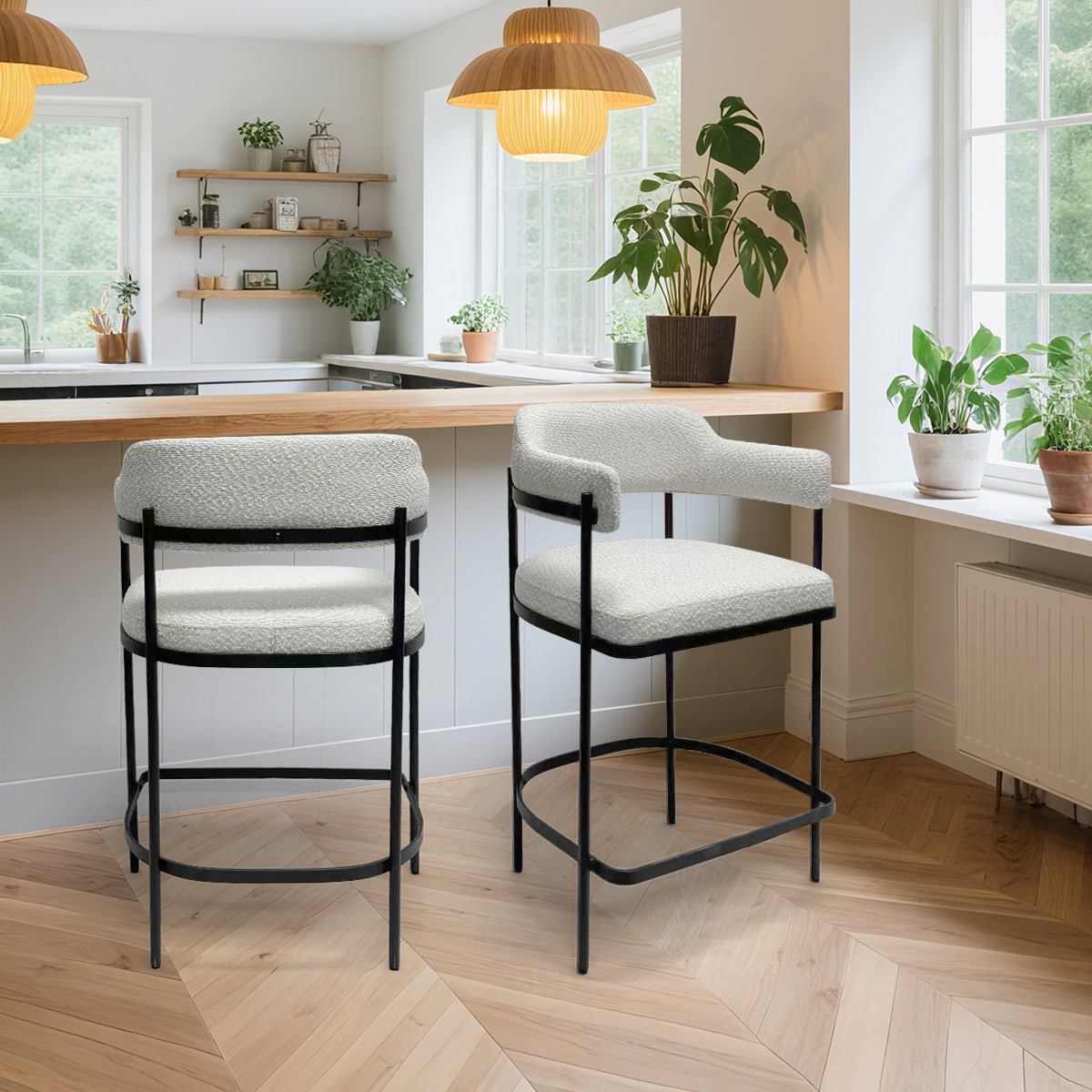 Modern White Upholstered Bar Chair – Extra-Wide Seat with Metal Frame and Footrest, Contemporary High Bar Stool