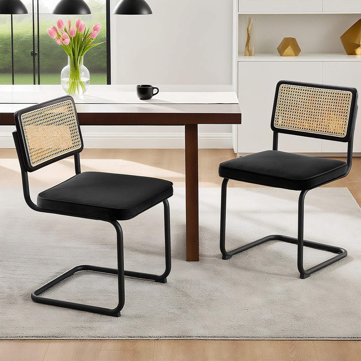 Black Velvet Dining Chair with Handwoven Rattan Cane Back, Mid-Century Modern Side Chair with Chrome Cantilever Frame for Dining Room & Kitchen
