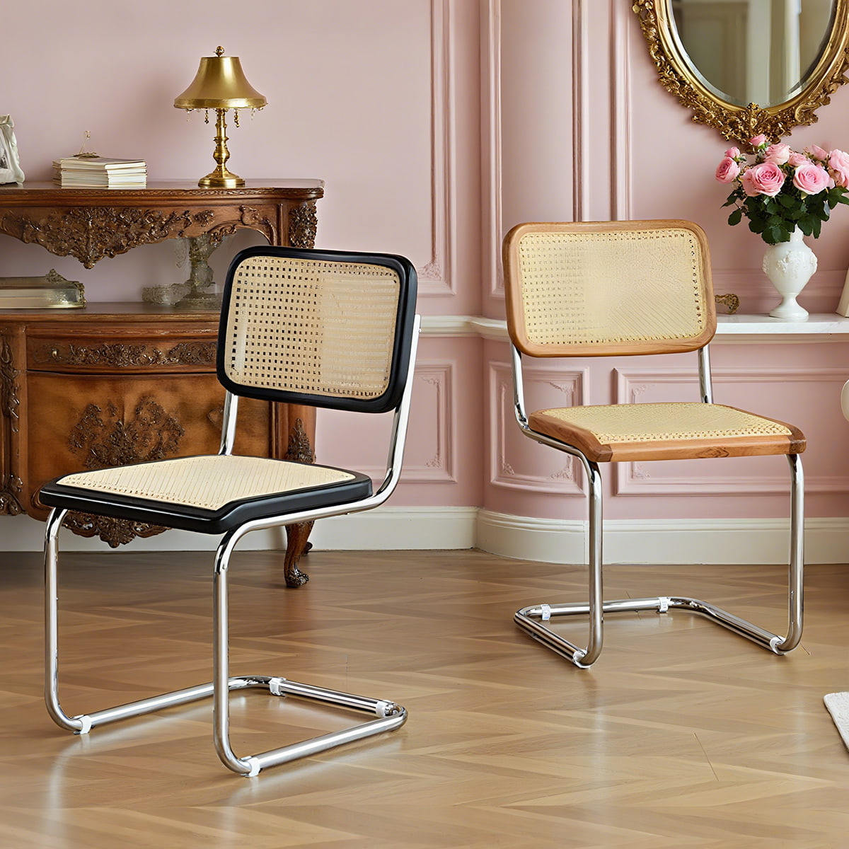 Beige Rattan Side Chair – Armless Dining Chair with Black Wood Frame & Chrome Legs