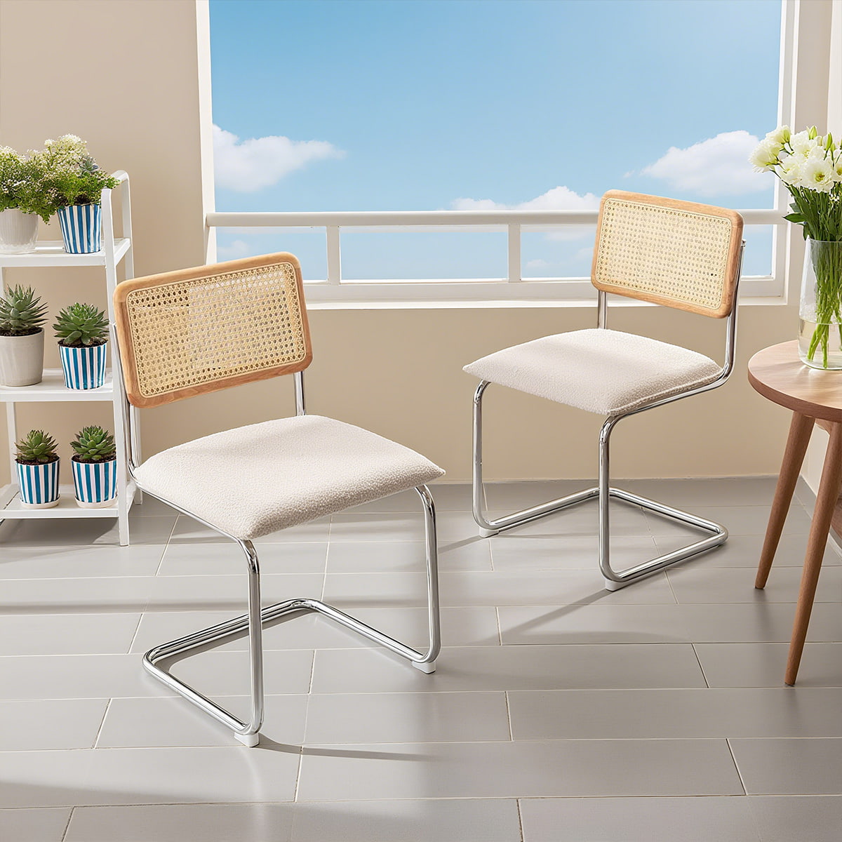 Mid-Century Modern Cantilever Dining Chair with Boucle Upholstered Seat and Armless Mesh Natural Cane Rattan Back – White