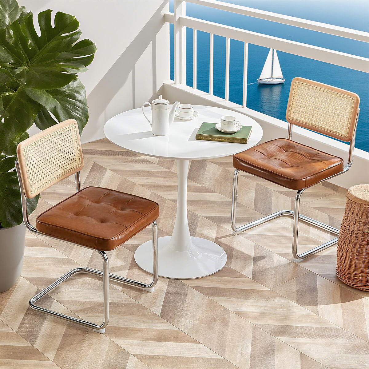 Mid-Century Modern Armless Cantilever Dining Chair – Caramel Brown Faux Leather Upholstered Seat with Natural Rattan Back