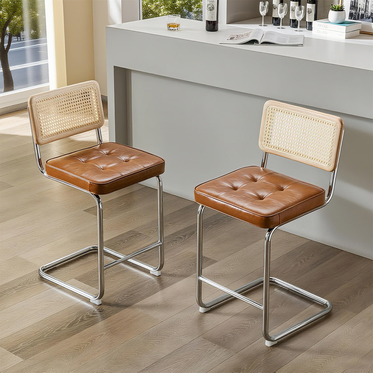 Low Back Faux Leather Counter Stool with Natural Rattan Backrest and Chrome Steel Sled Frame – Modern Bar Chair for Kitchen Island, Café, or Lounge