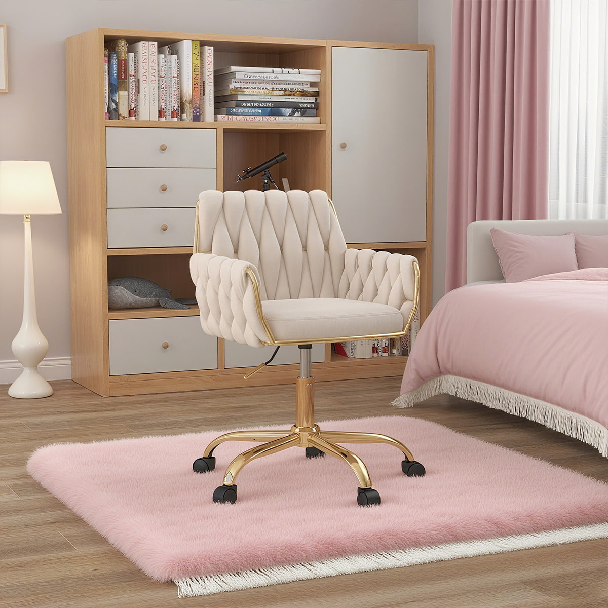 Beige Velvet Home Office Chair – Modern Adjustable Vanity Chair with Golden Base, Hand-Woven Backrest & Armrest, 360° Swivel Rolling Desk Chair