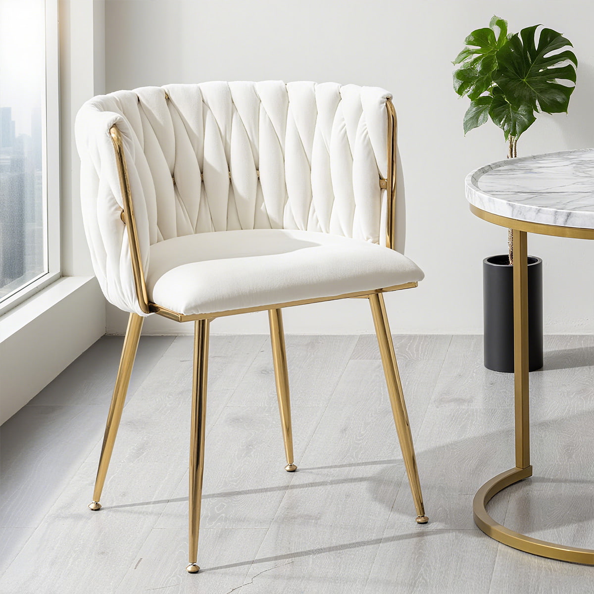 Ivory Velvet Upholstered Dining Chair – Modern Woven Back Accent Chair with Golden Metal Legs, Mid-Century Side Chair for Dining Room, Living Room, Kitchen, or Vanity