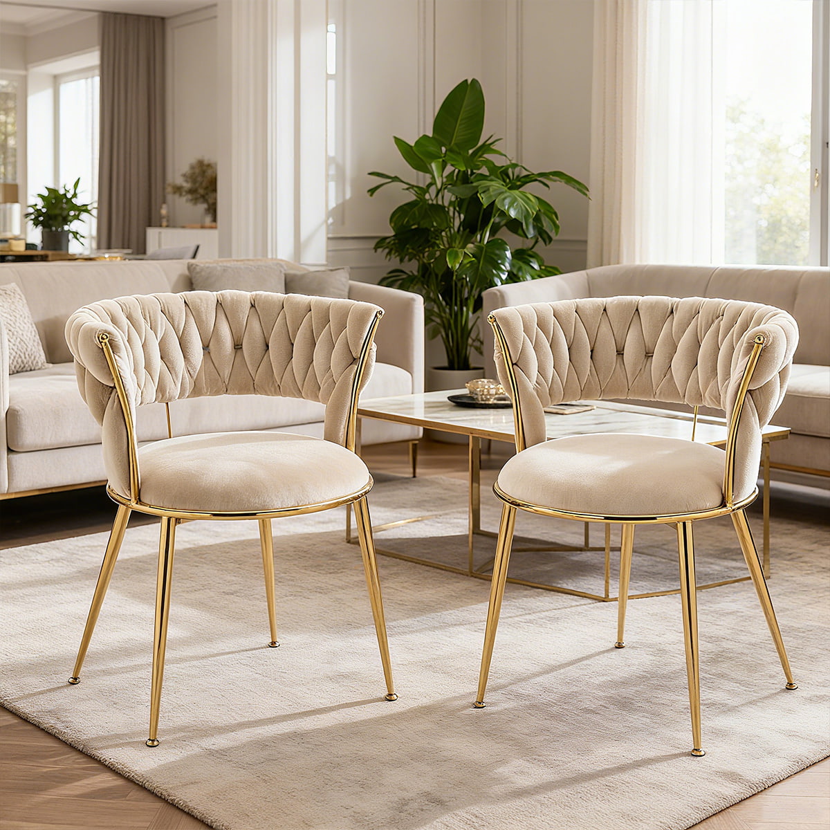Modern Ivory Velvet Dining Chair with Woven Backrest & Gold Metal Legs – Elegant Upholstered Accent Chair for Dining Room, Kitchen, or Living Space
