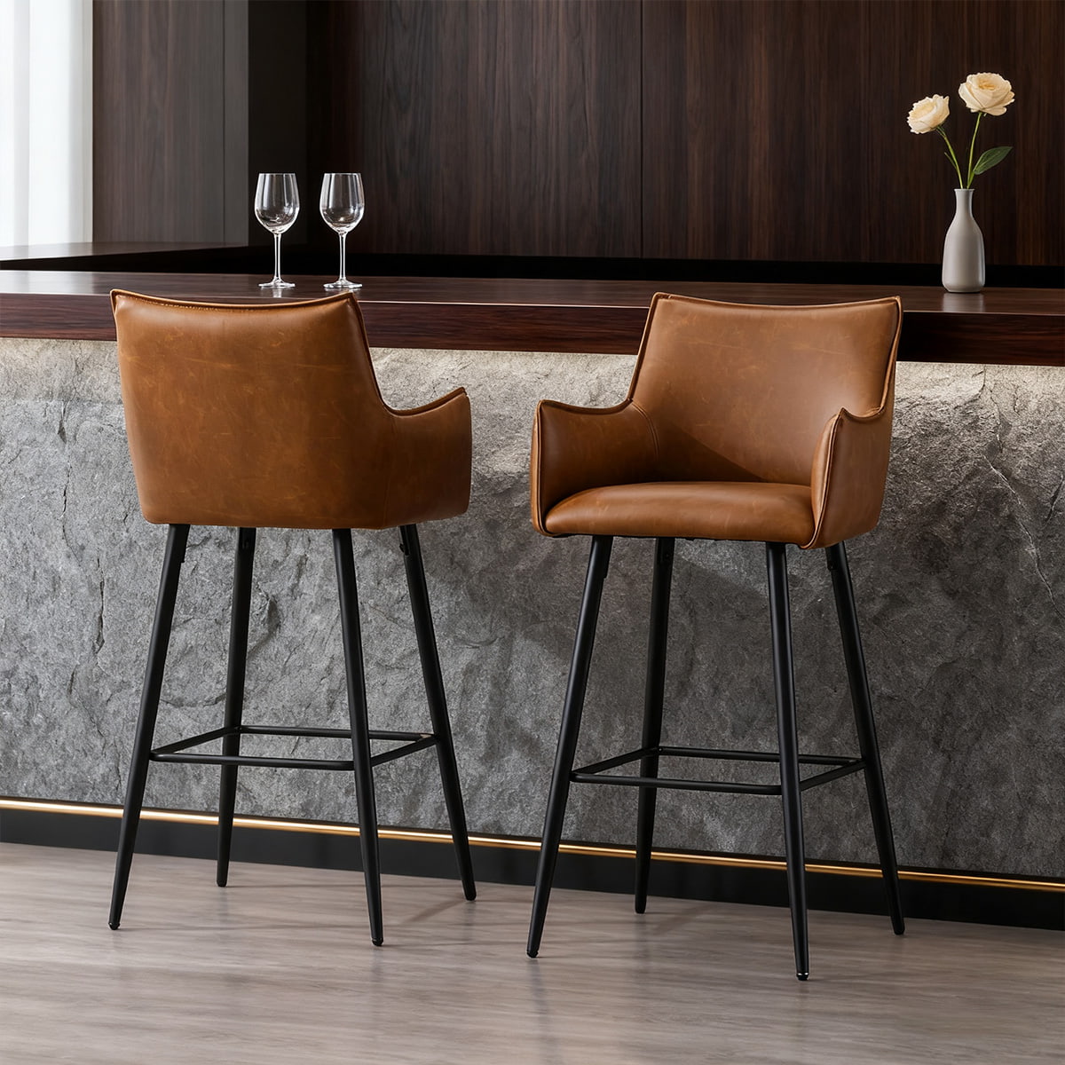 Modern Brown PU Leather Bar Stool with Armrests & Backrest — Counter Height Upholstered Bar Chair with Black Metal Legs for Kitchen Island, Bistro, or Home Bar