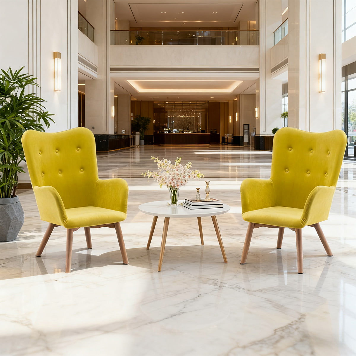 Modern Yellow Velvet Accent Armchair — Wingback Tufted Leisure Chair with Wooden Legs & Armrests for Living Room, Bedroom, or Office