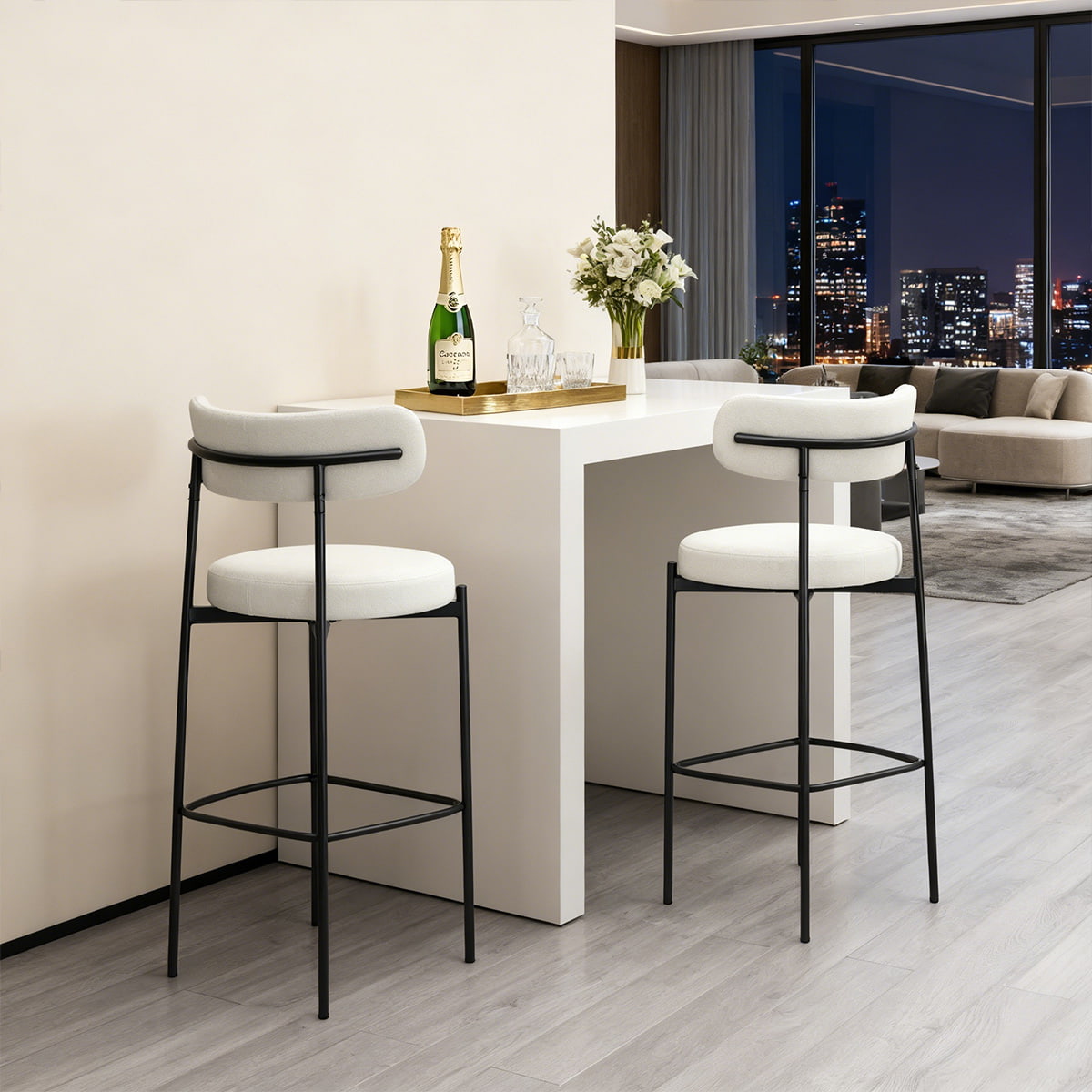 Modern White Bouclé Bar Stool with Black Metal Legs — Upholstered Counter Height Bar Chairs with Backrest and Footrest for Kitchen Island, Dining Room, and Home Bar