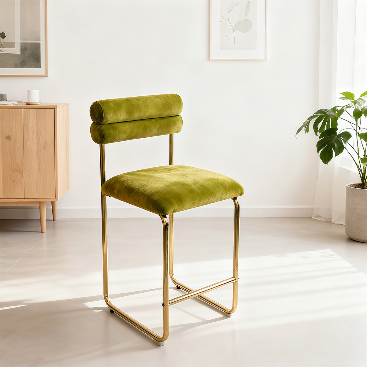 Modern Minimalist Green Velvet Upholstered Counter Height Bar Stool with Golden Metal Frame and Footrest for Kitchen Island, Dining Room, Café or Front Desk
