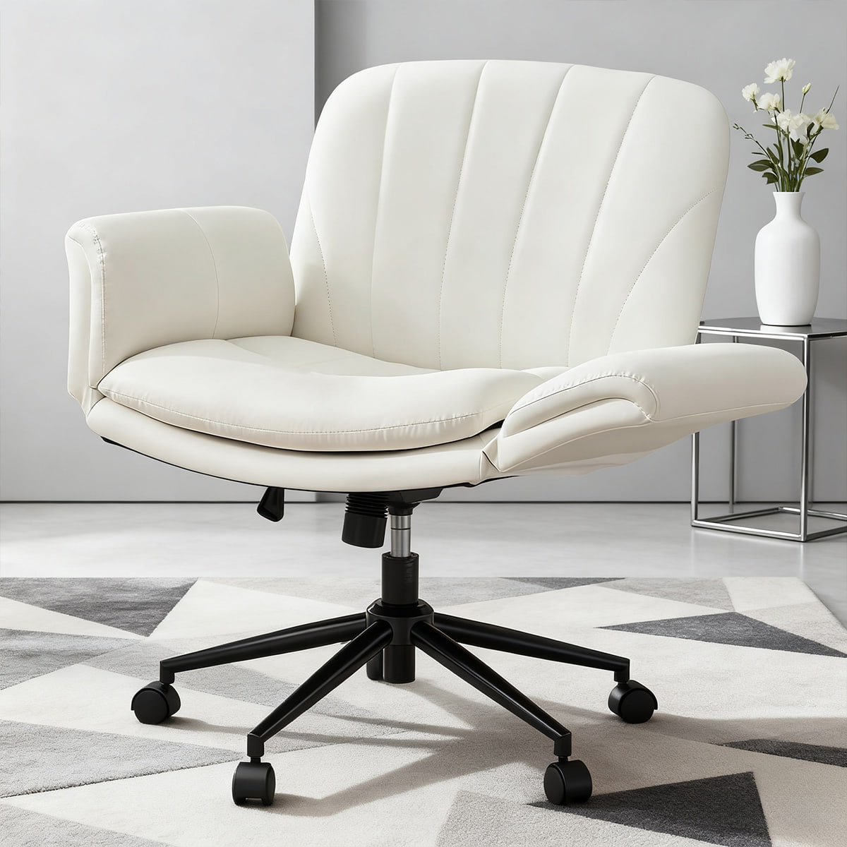 Criss Cross Adjustable PU Leather Swivel Chair with 5-Gear Armrests & Wheels