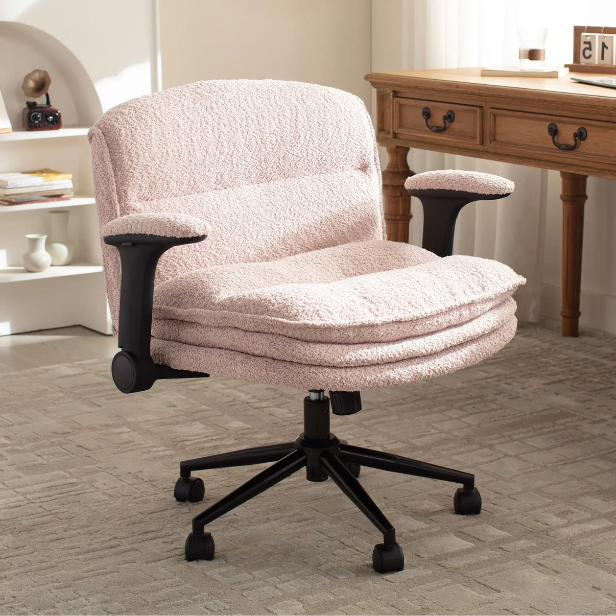 Ergonomic Cross-Legged Desk Chair Bouclé Home Office Chair with Adjustable Armrests, 360° Swivel & Thick Cushions