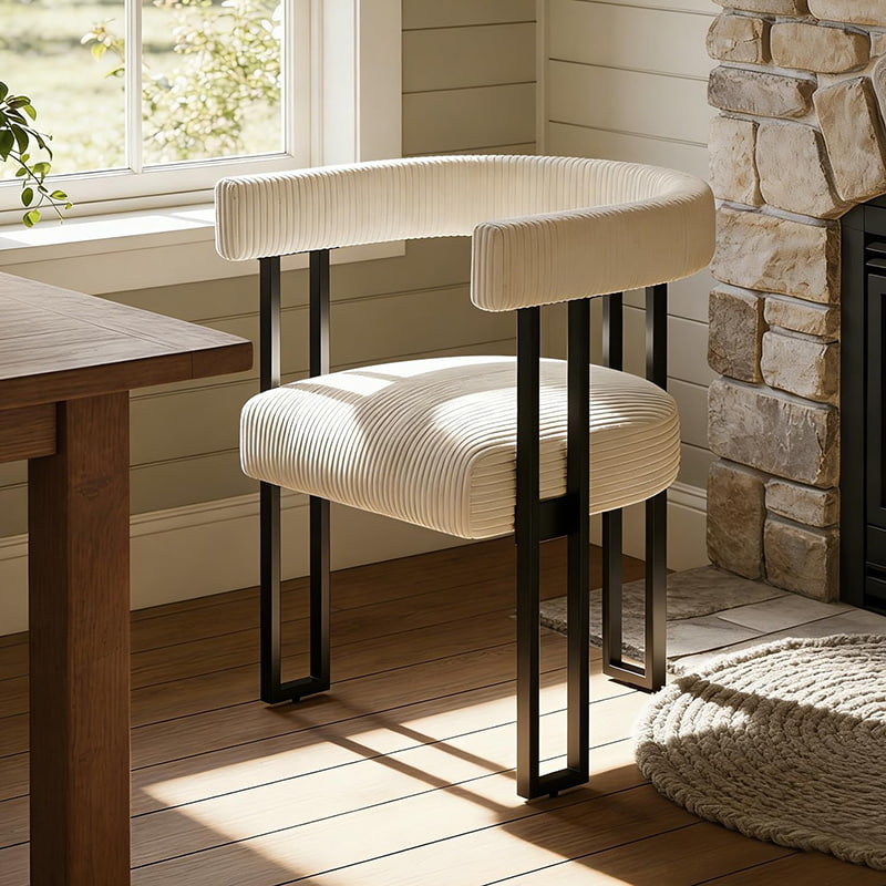 Boucle Dining Chair, White Corduroy Upholstered Dining Room Chair with Metal Legs, Mid-Century Modern Accent Chair