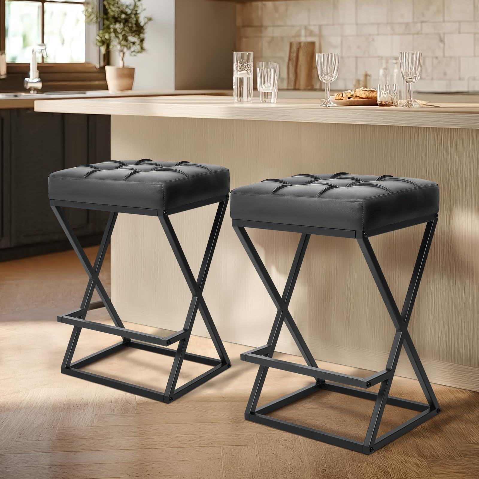 Counter Height Backless Bar Stool with Upholstered Faux Leather Seat